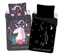 BrandMac Parure de lit Licorne 100% Coton - Housse de Couette Réversible 140x200 cm + Taie 65x65 cm, Brille dans Le Noir…