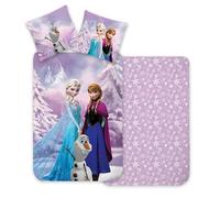 Parure de Lit Reine des Neiges, 100% Coton, Housse de Couette pour Petit Lit 100x135 cm + Taie d'oreiller 40x60 cm, Réversible, avec Elsa, Anna et Olaf