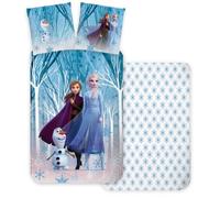BrandMac Parure de Lit Reine des Neiges Forêt, 100% Coton et Réversible, Housse de Couette 100x135 cm + Taie d'oreiller 40x60 cm, avec Olaf, Elsa et Anna, pour Petit Lit