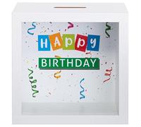 Brandsseller Tirelire Cadre Photo en Bois avec Fenêtre 14,5x14,5x6,5 cm - Tirelire décorative pour Cadeaux d'argent & Objectifs d'Épargne particuliers - Happy Birthday (Bon Anniversaire)