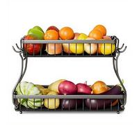 Braozaiw Corbeille à fruits à 2 couches adaptée au plan de travail de cuisine, étagère à fruits et légumes avec porte-couverts et crochet pour gobelet (Noir)