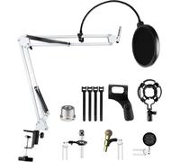 Bras Micro Réglable, Support de Microphone Blanc avec Filtre Anti-Pop, Pince à Micro, 5 Attaches de Câble, Anti-choc, Perche Micro Suspension pour Studio, Diffusion, Enregistrement, Gaming