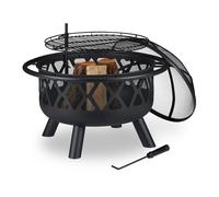 Relaxdays Brasero avec grillage, avec protection étincelles & tisonnier, terrasse, D 75 cm, jardin et terrasse, noir