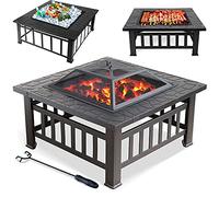 Brasero carré de 81,3 cm pour jardin avec tisonnier, foyer 3 en 1 en métal et brasero pour barbecue, table de brasero pour terrasse extérieure avec écran anti-étincelles en maille