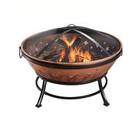 Braséro de Jardin à Bois Chauffage extérieur Acier Foyer Rond 89 cm Couvercle de Protection tisonnier cuivré Teamson Home FP35