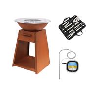 Brasero et Plancha 2-en-1 Livona + 9 Ustensiles + Thermomètre | 58,5 cm, Hauteur 81 cm, Base en Acier Corten avec Tiroir à Cendres et Rangement