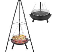 Brasero Exterieur avec Gril Suspendu, Brasero Exterieur Ø60cm, Gril Pivotant Barbecue, Trépied Brasero Barbecue Suspendu avec Grille, 200 cm Chaîne Réglable en Hauteur et 152cm Trépied