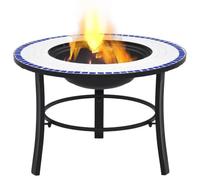Brasero mosaïque bleu et blanc 68 cm acier céramique | Avec plateau porte-gobelet, support à trois pieds, table et pot inclus, pour jardin et patio
