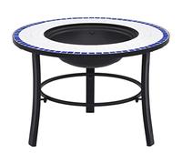 Brasero mosaïque en céramique bleu et blanc 68 cm, brasero en acier avec structure à trois pieds, plateau rond pour boissons et grillades, pour jardin et terrasse