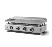 BRASERO - Plancha Silvia Evo 4 Feux Plaque INOX de 84 x 34 cm - 4 brûleurs - Grille de réchauffement - Piezo intégré - Tiroir Graisse avec jauge de niveu - Jusqu'à 12 convives - 10,6 KW