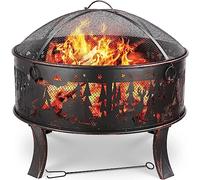 Brasero pour Le Jardin, brasero avec Protection Anti-étincelles, Foyer d'extérieur Stable Ø 71 x 65 cm, avec Grille à Charbon de Poker, 4 PCS Pied, pour Camping, Plage, Toit, Look rétro, Motif d'élan