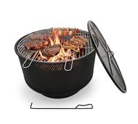 Brasero Relaxdays, Ø 61 cm, avec Grille, Pare-étincelles et tisonnier, Foyer de Jardin 3 en 1, Noir