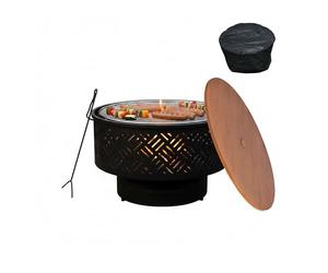 Brasero Relaxdays, Ø 66 cm, avec Grille, Couvercle, tisonnier et Housse étanche, Noir/Naturel