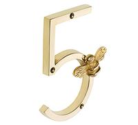 Brass bee Numéro de maison en or avec motif abeille | Plaques de numéros de panneaux de porte modernes de 5 pouces | Numéros d'adresse du domicile (5)