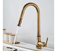 Brass Kitchen Faucet - Single Handle Pull Down Sprayer with Anti-Scald Tech, 360° Swivel Retro Sink Mixer Tap, Brushed Nickel & Antique Brass for Farmhouse/Industrial Style