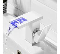 Brass Tap Waterfall, Colors Changing Bathroom Sink Faucet, Single Handle 1 Hole Hot and Cold Water Mixer High, White