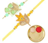 Brass Thali Plate Platter with Bhai Bhabhi Rakhi Bracelet Thread Dora Pack Set of 2 Rakhi for Brother Brass Puja Thali with for Brother Sister Bhaidooj Tikka Decorations (Plate Size:- 5")