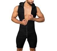 Brassière Sexy avec Zipper Jumpsuit Top avec Poches Couleur Hommes Et Shorts Tank Solid Jumpsuit Hooded Men's Pants Robes Courtes pour Hommes Longueur du Genou (Black, L)