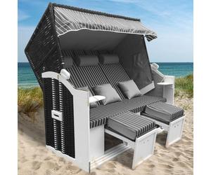 BRAST Corbeille de Plage mer Baltique 3 Places 165x160x79cm Osier en Poly rotin/Bois imperméable + Housse trés Confortable - Chaise Longue Strandkorb - Anthracite/Gris rayée