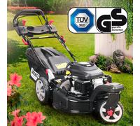 BRAST tondeuse thermique tractée 3 roues TRIKE 224cc 7cv 53cm mulching 4en1 traction arrière de la marque française GT - 4 MODÈLES diff. - capot en tôle en acier, hauteur de coupe et guidon reglable