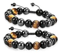 Brateuanoii 2 Pièces Bracelet en Cristal Triple Protection, Bracelet Œil de Tigre Obsidienne, Pierre Hématite, Bracelet de Lithothérapie, Bracelet en Pierre pour Femme et Homme(10mm)