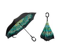 Braty Decorations Parapluie inversé innovant, parapluie double couche, parapluie inversé avec poignée en forme de C, Paon, L