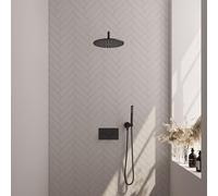 Brauer Black Edition douche thermostatique à effet pluie avec bouton poussoir 52 30cm pommeau de douche douche murale courbée barre de douche à main flexible de douche raccord mural coudé noir mat 5-S