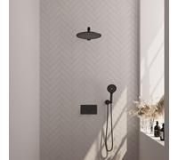 Brauer Black Edition douche thermostatique à effet pluie avec bouton poussoir 56 30cm pommeau de douche droit bras mural 3 positions douche à main flexible de douche raccord mural coude noir mat 5-S-1