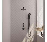 Brauer Black Edition Ensemble de douche pluie encastré - douche principale 20cm - 3 boutons lisses - bras mural droit - glissière - douchette ronde 3 positions - noir mat 5-S-036