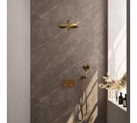 Brauer Gold Carving douche thermostatique à effet pluie avec bouton poussoir 56 30cm pommeau de douche bras mural droit 3 positions douche à main flexible de douche raccord mural coude doré brossé pvd