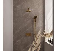 Brauer Gold Carving douche thermostatique à effet pluie avec bouton poussoir 67 20cm pommeau de douche bras mural droit 3 positions douche à main flexible coulissant intégré pvd brossé doré 5-GG-202