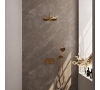 Brauer Gold Carving douche thermostatique à effet pluie avec bouton poussoir caché 58 30cm pommeau de douche bras mural courbé 3 positions douche à main flexible de douche raccord mural coudé or bross