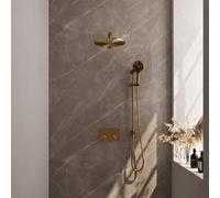 Brauer Gold Carving douche thermostatique à effet pluie avec bouton poussoir dissimulé 68 30cm pommeau de douche bras mural droit 3 positions douchette à main flexible coulissant intégré pvd brossé or