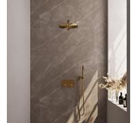 Brauer Gold Carving douche thermostatique pluie à bouton poussoir caché set 50 30cm pommeau de douche bras droit barre murale douche à main flexible de douche raccord mural coude doré brossé pvd 5-GG-