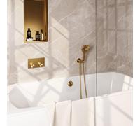 Brauer Gold Carving set de boutons poussoirs thermostatiques encastrés pour baignoire 04 combinaison de remplissage de baignoire 3 positions douche à main flexible de douche raccord mural coude doré b