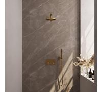 Brauer Gold Edition douche thermostatique à effet pluie avec bouton poussoir 49 20cm pommeau de douche bras droit barre murale douche à main flexible de douche raccord mural coude doré brossé pvd 5-GG