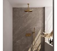 Brauer Gold Edition douche thermostatique à effet pluie avec bouton poussoir 54 30cm pommeau de douche bras de plafond barre de douche à main flexible de douche raccord mural coude doré brossé pvd 5-G