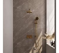 Brauer Gold Edition douche thermostatique à effet pluie avec bouton poussoir 67 20cm pommeau de douche bras mural droit 3 positions douche à main flexible coulissant intégré pvd brossé doré 5-GG-178