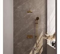 Brauer Gold Edition douche thermostatique à effet pluie avec bouton-poussoir 69 20cm pommeau de douche bras mural courbe 3 positions douchette flexible coulissant intégré pvd brossé doré 5-GG-180