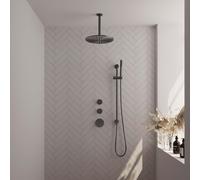 Brauer Gunmetal Carving Douche pluie thermostatique avec pommeau 30cm et bras plafond 20cm et douchette Stylo 1 jet flexible lisse avec coude mural Gunmetal brossé PVD 5-GM-114