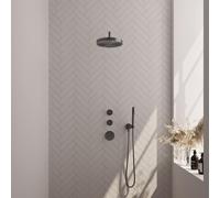 BRAUER Stripe Douche de pluie thermostatique encastrable - SET 02 - pomme de douche 25cm - bras mural courbé - douchette à main sur barre - flexible de douche - coude mural - gunmetal brossé PVD 5-GM-