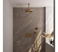 BRAUER Stripe Douche de tête thermostatique encastrable - boutons-poussoirs - SET 30 - pomme de douche 25cm - bras plafond - douchette 3 positions - flexible de douche - coude mural - PVD doré brossé