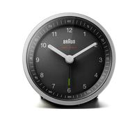 Braun Réveil analogique radiocommandé Classique pour Le Fuseau horaire de l’Europe Centrale (DCF/GMT+1) avec Fonction Snooze et lumière, Mouvement Silencieux, en Noir et Argent, modèle BC07SB-DCF.