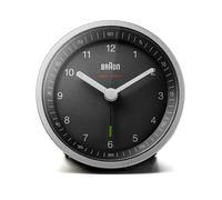 Braun Réveil analogique radiocommandé Classique pour Le Fuseau horaire de l’Europe Centrale (DCF/GMT+1) avec Fonction Snooze et lumière, Mouvement Silencieux, en Noir et Argent, modèle BC07SB-DCF.