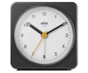 Braun Classic Analogue Alarm Clock with Snooze and Light, Quiet Quartz Sweeping Movement, Crescendo Beep Alarm in Black and White, Model BC03BW.