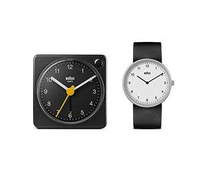 Braun Coffret Cadeau de Montre analogique à Quartz à 2 Aiguilles avec Bracelet en Caoutchouc Noir et Horloge analogique de Voyage Classic en Noir, modèle BN0231WHBLKG, BC02XB (2 Pack)