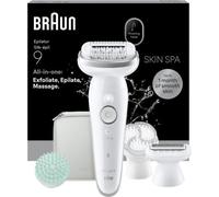 Braun Epilateur Electrique Femme Silk·épil 9 SkinSpa, Etanche, Coffret Epilateur Tout-En-Un Avec Tête Pivotante, Brosse Exfoliante, Tête De Rasage, Sabot Tondeuse, Coussin De Massage, 9-080