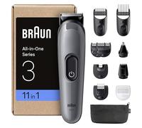 Braun Kit De Rasage Tout-En-Un Series 3, 11-En-1, Lame Ultra-Affûtée, 14 Longueurs, Coupe Précise Pour Visage Et Cheveux, Autonomie De 50 Min, Style Facile Et Rapide, AIO3565, Gris