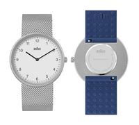 Braun Montre à Quartz analogique à 2 Aiguilles avec Bracelet en Caoutchouc de Silicone supplémentaire, Barrettes à Ressort à dégagement Rapide, 38 mm., Argenté/Bleu.