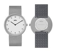 Braun Montre à Quartz analogique à 2 Aiguilles, Cadran Blanc, Bracelet en Acier Inoxydable avec Bracelet en Caoutchouc de Silicone Gris supplémentaire, 38 mm, Modèle BN0281WHMHGYG.
